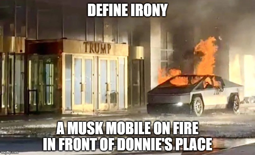 Terrorism or a Message? | DEFINE IRONY; A MUSK MOBILE ON FIRE IN FRONT OF DONNIE'S PLACE | image tagged in politics | made w/ Imgflip meme maker