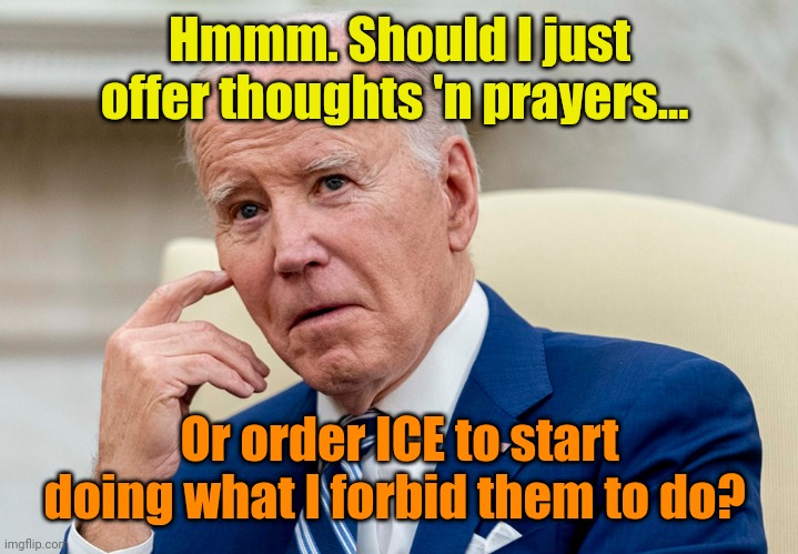 Decisions, Decisions! | Hmmm. Should I just offer thoughts 'n prayers... Or order ICE to start doing what I forbid them to do? | made w/ Imgflip meme maker