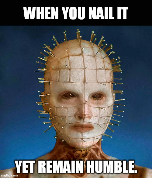 Humility in the face of success | WHEN YOU NAIL IT; YET REMAIN HUMBLE. | image tagged in helraiser 2022 | made w/ Imgflip meme maker