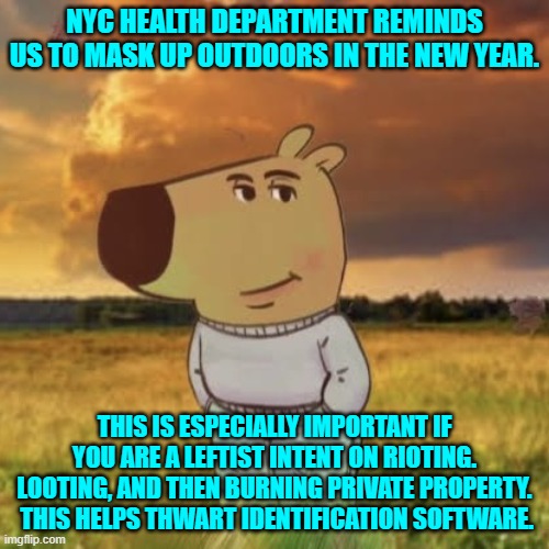 You can never be too cautious. | NYC HEALTH DEPARTMENT REMINDS US TO MASK UP OUTDOORS IN THE NEW YEAR. THIS IS ESPECIALLY IMPORTANT IF YOU ARE A LEFTIST INTENT ON RIOTING. LOOTING, AND THEN BURNING PRIVATE PROPERTY.  THIS HELPS THWART IDENTIFICATION SOFTWARE. | image tagged in chill guy | made w/ Imgflip meme maker