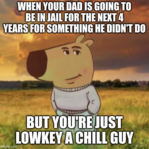 not making this up. | WHEN YOUR DAD IS GOING TO BE IN JAIL FOR THE NEXT 4 YEARS FOR SOMETHING HE DIDN'T DO; BUT YOU'RE JUST LOWKEY A CHILL GUY | image tagged in chill guy | made w/ Imgflip meme maker