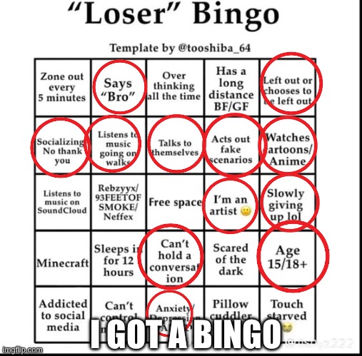 Loser bingo | I GOT A BINGO | image tagged in loser bingo | made w/ Imgflip meme maker