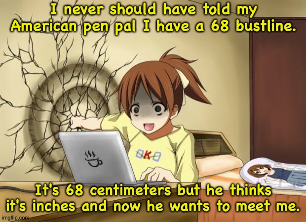 When an anime leaves you on a cliffhanger | I never should have told my American pen pal I have a 68 bustline. It's 68 centimeters but he thinks it's inches and now he wants to meet me. | image tagged in when an anime leaves you on a cliffhanger | made w/ Imgflip meme maker