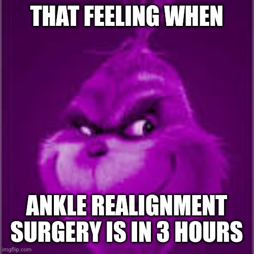 purple grinch | THAT FEELING WHEN; ANKLE REALIGNMENT SURGERY IS IN 3 HOURS | image tagged in purple grinch | made w/ Imgflip meme maker