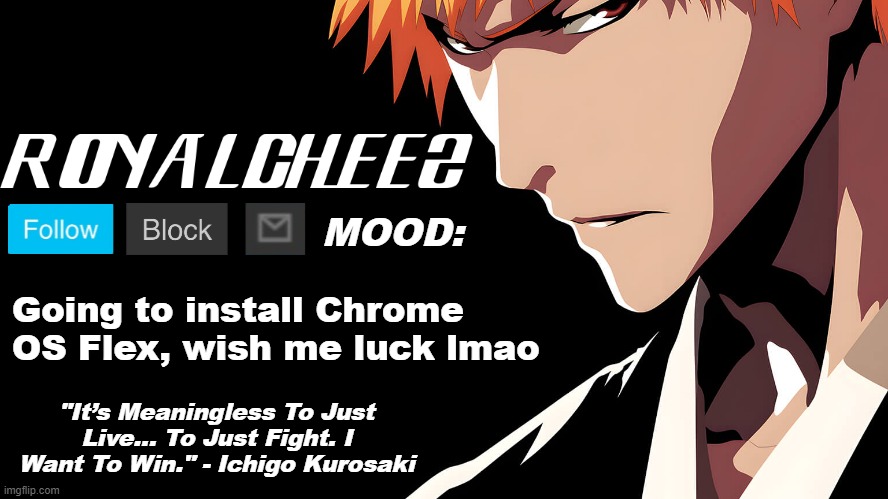 Cheez's Bleach Announcement | Going to install Chrome OS Flex, wish me luck lmao | image tagged in cheez's bleach announcement | made w/ Imgflip meme maker