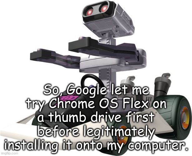 R.O.B. Mario Kart DS | So, Google let me try Chrome OS Flex on a thumb drive first before legitimately installing it onto my computer. | image tagged in r o b mario kart ds | made w/ Imgflip meme maker