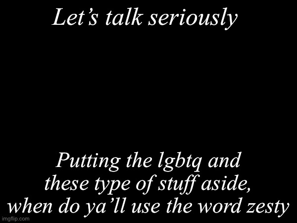 I don’t really know what the word means | Let’s talk seriously; Putting the lgbtq and these type of stuff aside, when do ya’ll use the word zesty | image tagged in msmg,words | made w/ Imgflip meme maker