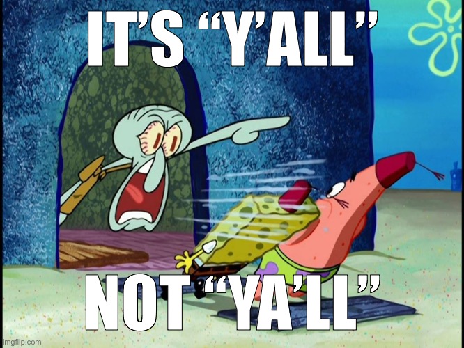 Squidward Screaming | IT’S “Y’ALL”; NOT “YA’LL” | image tagged in squidward screaming | made w/ Imgflip meme maker