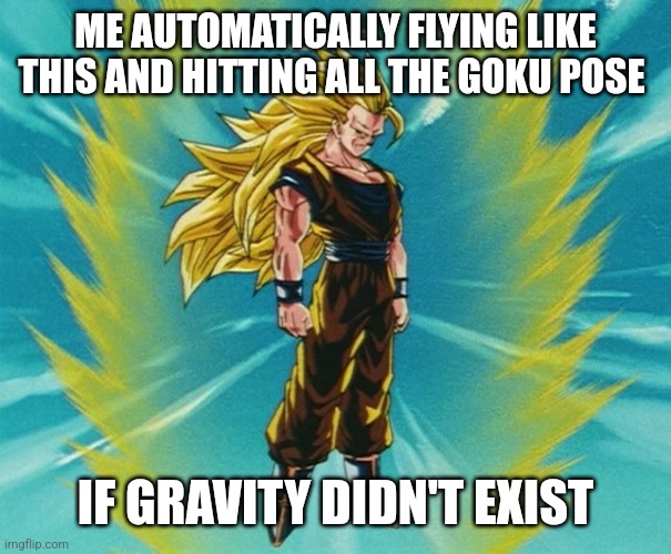 Super Saiyan 3 Goku | ME AUTOMATICALLY FLYING LIKE THIS AND HITTING ALL THE GOKU POSE IF GRAVITY DIDN'T EXIST | image tagged in super saiyan 3 goku | made w/ Imgflip meme maker