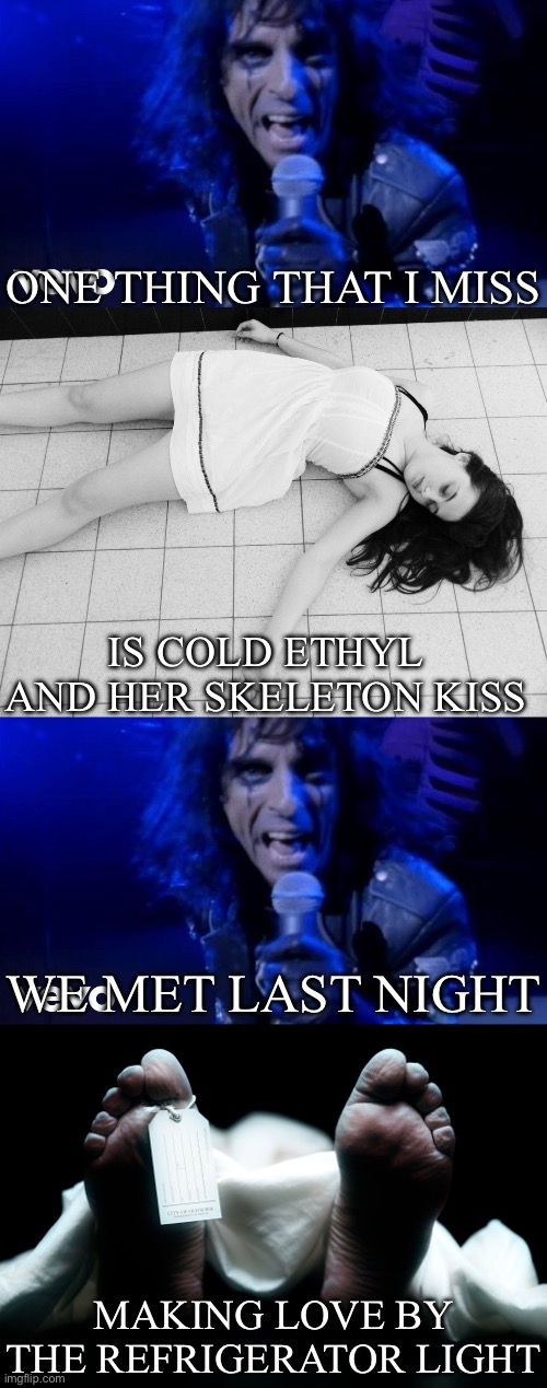 ONE THING THAT I MISS; IS COLD ETHYL AND HER SKELETON KISS; WE MET LAST NIGHT; MAKING LOVE BY THE REFRIGERATOR LIGHT | image tagged in alice cooper,dead woman,dead body corpse feet tag | made w/ Imgflip meme maker