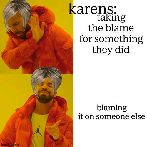 Drake Hotline Bling | taking the blame for something they did; karens:; blaming it on someone else | image tagged in memes,drake hotline bling | made w/ Imgflip meme maker