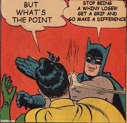 Batman Slapping Robin Meme | BUT 
WHAT'S 
THE POINT STOP BEING
A WHINY LOSER!
GET A GRIP AND
GO MAKE A DIFFERENCE | image tagged in memes,batman slapping robin | made w/ Imgflip meme maker
