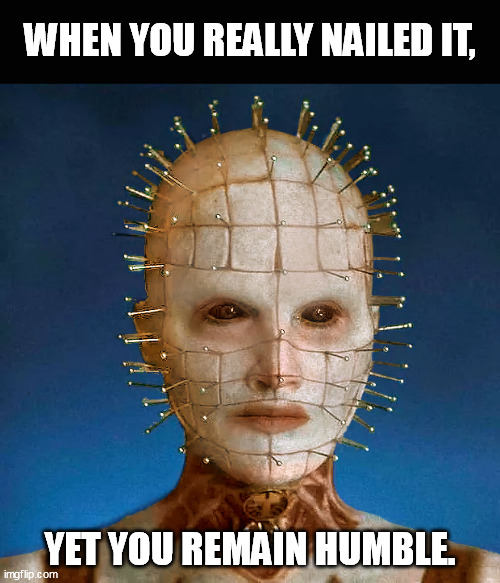 Nailed it! | WHEN YOU REALLY NAILED IT, YET YOU REMAIN HUMBLE. | image tagged in helraiser 2022 | made w/ Imgflip meme maker