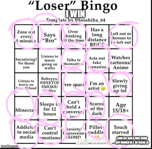 "im a natural born loser/weirdo, but you all dont like that." - song lyric name: class clown (made by me :)) | I WIN; I HAVENT HAD A HUG FROM ANY HUMAN IN 7-10 YEARS :D | image tagged in loser bingo,biggest loser,music | made w/ Imgflip meme maker