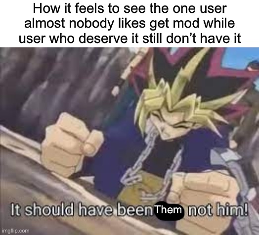 Quite a few examples out there | How it feels to see the one user almost nobody likes get mod while user who deserve it still don’t have it; Them | image tagged in it should have been me,msmg | made w/ Imgflip meme maker