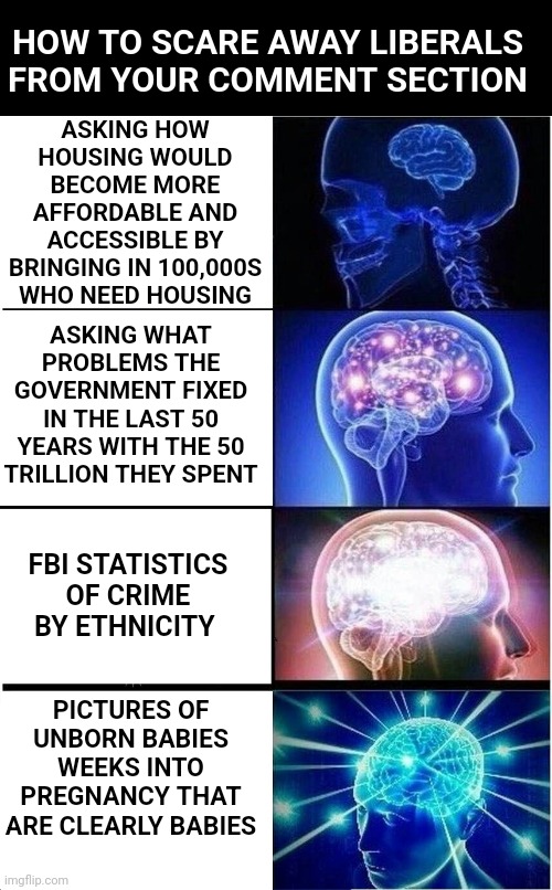 Expanding Brain | HOW TO SCARE AWAY LIBERALS FROM YOUR COMMENT SECTION; ASKING HOW HOUSING WOULD BECOME MORE AFFORDABLE AND ACCESSIBLE BY BRINGING IN 100,000S WHO NEED HOUSING; ASKING WHAT PROBLEMS THE GOVERNMENT FIXED IN THE LAST 50 YEARS WITH THE 50 TRILLION THEY SPENT; FBI STATISTICS OF CRIME BY ETHNICITY; PICTURES OF UNBORN BABIES WEEKS INTO PREGNANCY THAT ARE CLEARLY BABIES | image tagged in memes,expanding brain | made w/ Imgflip meme maker