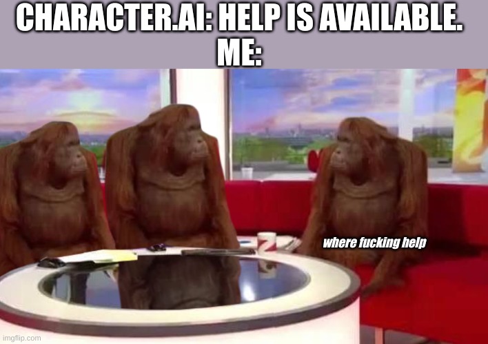 where monkey | CHARACTER.AI: HELP IS AVAILABLE.
ME:; where fucking help | image tagged in where monkey,character ai | made w/ Imgflip meme maker