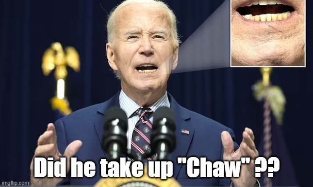 The NOLA, ahem, "press conference" | Did he take up "Chaw" ?? | image tagged in biden brown teeth meme | made w/ Imgflip meme maker