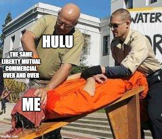 I can recite them by memory now | HULU; THE SAME LIBERTY MUTUAL COMMERCIAL OVER AND OVER; ME | image tagged in waterboarding,hulu,funny memes,relatable memes | made w/ Imgflip meme maker