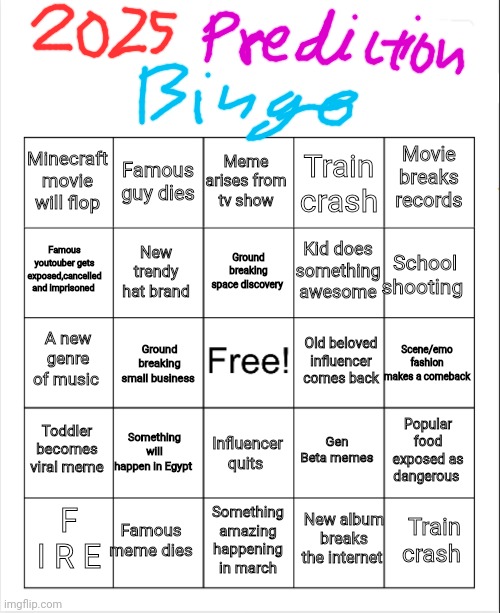 2025 PREDICTION BINGO! | Meme arises from tv show; Famous guy dies; Movie breaks records; Minecraft movie will flop; Train crash; Ground breaking space discovery; Famous youtouber gets exposed,cancelled and imprisoned; School shooting; Kid does something awesome; New trendy hat brand; A new genre of music; Scene/emo fashion makes a comeback; Ground breaking small business; Old beloved influencer comes back; Toddler becomes viral meme; Something will happen in Egypt; Popular food exposed as dangerous; Gen Beta memes; Influencer quits; Famous meme dies; Train crash; F I R E; Something amazing happening in march; New album breaks the internet | image tagged in blank bingo | made w/ Imgflip meme maker