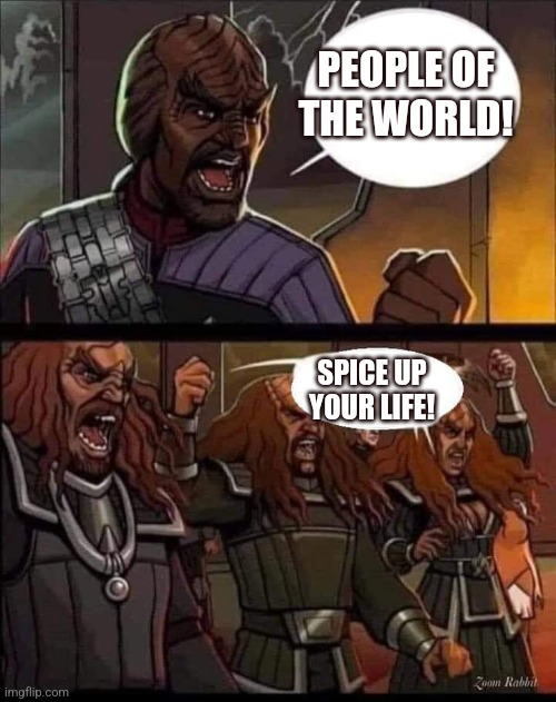 Spice is victory | PEOPLE OF THE WORLD! SPICE UP YOUR LIFE! | image tagged in klingons | made w/ Imgflip meme maker