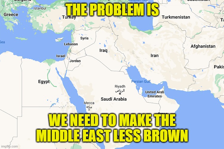 See how stupid it sounds | THE PROBLEM IS; WE NEED TO MAKE THE MIDDLE EAST LESS BROWN | image tagged in white people,white privilege,middle east,racism,maga,nazi | made w/ Imgflip meme maker