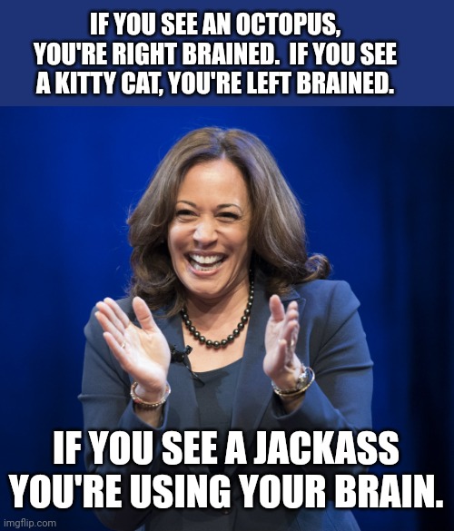 Here's an optical illusion | IF YOU SEE AN OCTOPUS, YOU'RE RIGHT BRAINED.  IF YOU SEE A KITTY CAT, YOU'RE LEFT BRAINED. IF YOU SEE A JACKASS YOU'RE USING YOUR BRAIN. | image tagged in kamala harris laughing,optical illusion | made w/ Imgflip meme maker