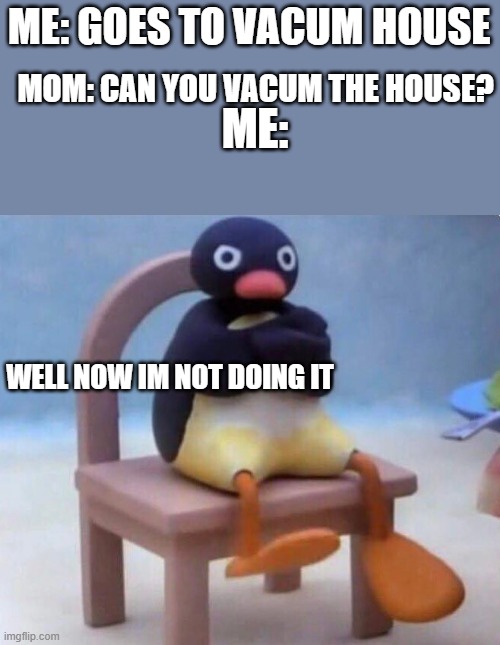 noot noot | MOM: CAN YOU VACUM THE HOUSE? ME: GOES TO VACUM HOUSE; ME:; WELL NOW IM NOT DOING IT | image tagged in noot noot | made w/ Imgflip meme maker