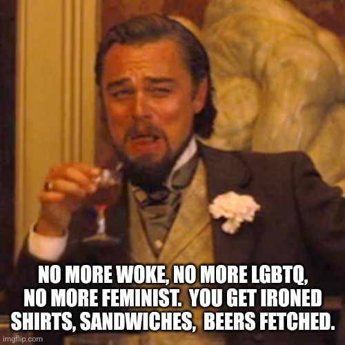 Laughing Leo Meme | NO MORE WOKE, NO MORE LGBTQ, NO MORE FEMINIST.  YOU GET IRONED SHIRTS, SANDWICHES,  BEERS FETCHED. | image tagged in memes,laughing leo | made w/ Imgflip meme maker