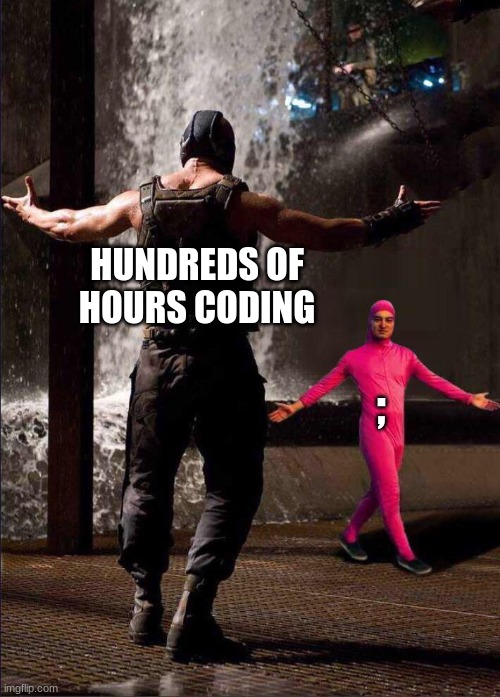 no title | HUNDREDS OF HOURS CODING; ; | image tagged in pink guy vs bane | made w/ Imgflip meme maker