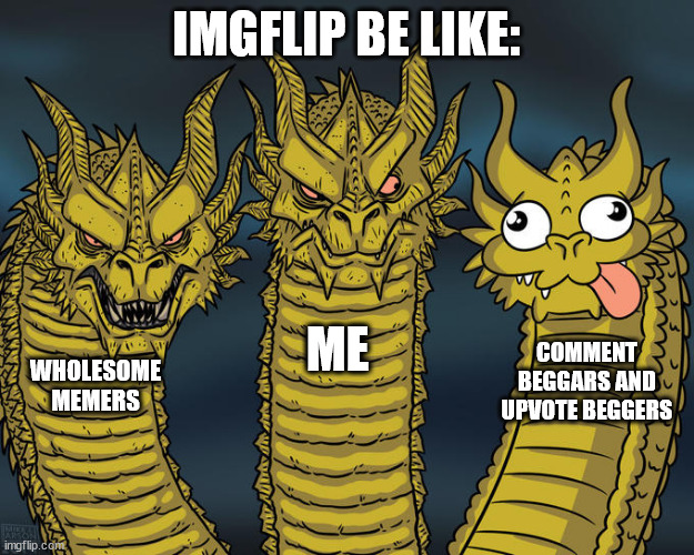 lmgflip be like | IMGFLIP BE LIKE:; ME; COMMENT BEGGARS AND UPVOTE BEGGERS; WHOLESOME MEMERS | image tagged in three-headed dragon | made w/ Imgflip meme maker