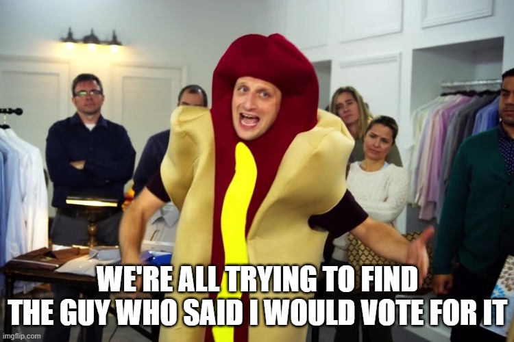 we're all trying to find the guy who did this | WE'RE ALL TRYING TO FIND THE GUY WHO SAID I WOULD VOTE FOR IT | image tagged in we're all trying to find the guy who did this | made w/ Imgflip meme maker