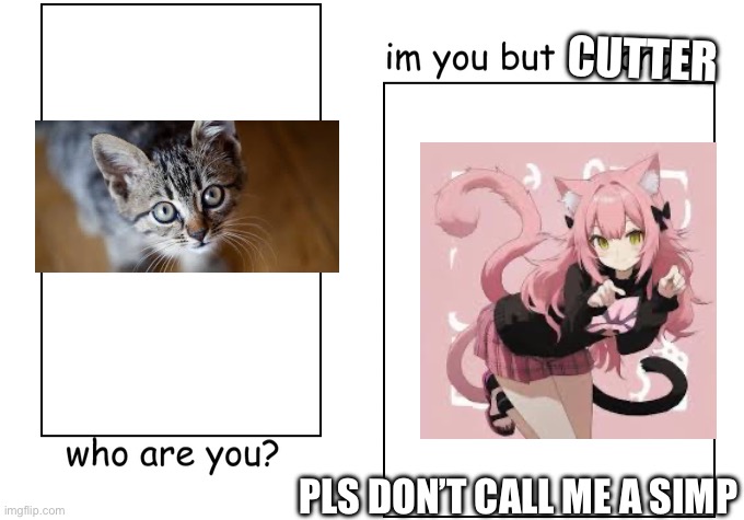 Cat vs. cat girl | CUTTER; PLS DON’T CALL ME A SIMP | image tagged in i'm you but stronger | made w/ Imgflip meme maker