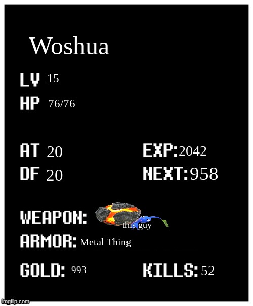 ? | Woshua; 15; 76/76; 2042; 20; 958; 20; this guy; Metal Thing; 52; 993 | image tagged in undertale player stats | made w/ Imgflip meme maker