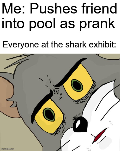 o-o | Me: Pushes friend into pool as prank; Everyone at the shark exhibit: | image tagged in memes,unsettled tom,funny,dark humor,shark | made w/ Imgflip meme maker