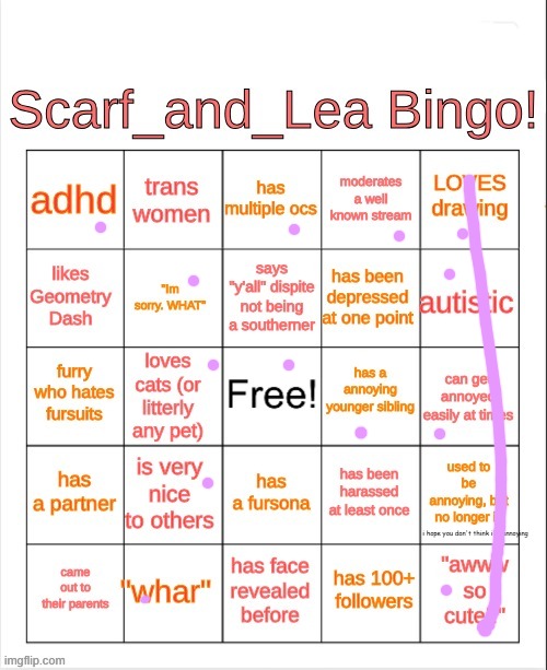 Scarf_and_Lea Bingo | i hope you don't think i'm annoying | image tagged in scarf_and_lea bingo | made w/ Imgflip meme maker