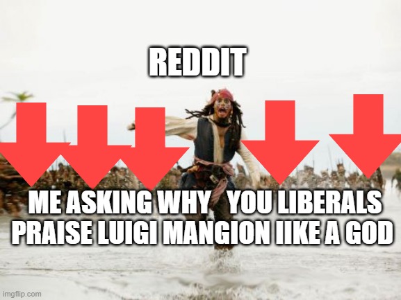 Seriously they even write him letters  ... He's a murder you guys  are crazy | REDDIT; ME ASKING WHY   YOU LIBERALS PRAISE LUIGI MANGION IIKE A GOD | image tagged in memes,jack sparrow being chased | made w/ Imgflip meme maker