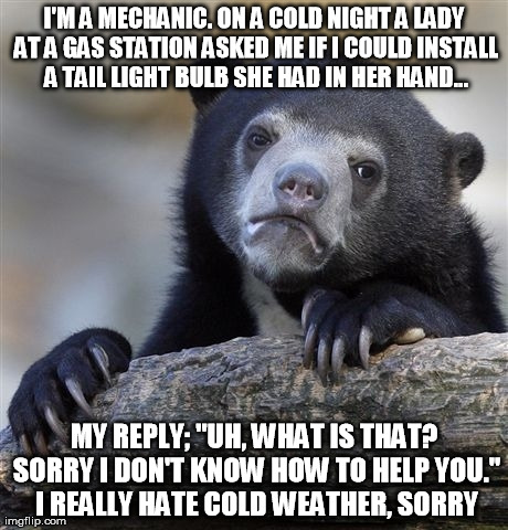 Confession Bear | I'M A MECHANIC. ON A COLD NIGHT A LADY AT A GAS STATION ASKED ME IF I COULD INSTALL A TAIL LIGHT BULB SHE HAD IN HER HAND... MY REPLY; "UH,  | image tagged in memes,confession bear,AdviceAnimals | made w/ Imgflip meme maker