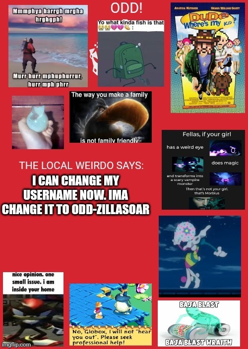 odd announcement | I CAN CHANGE MY USERNAME NOW. IMA CHANGE IT TO ODD-ZILLASOAR | image tagged in odd announcement | made w/ Imgflip meme maker