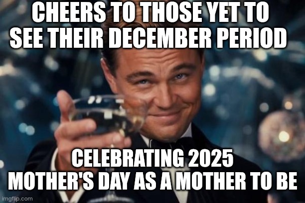 Leonardo Dicaprio Cheers | CHEERS TO THOSE YET TO SEE THEIR DECEMBER PERIOD; CELEBRATING 2025 MOTHER'S DAY AS A MOTHER TO BE | image tagged in memes,leonardo dicaprio cheers | made w/ Imgflip meme maker