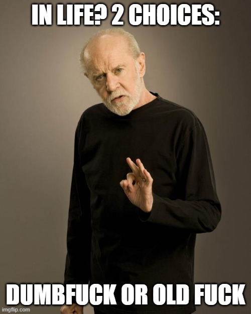 George Carlin | IN LIFE? 2 CHOICES:; DUMBFUCK OR OLD FUCK | image tagged in george carlin,human stupidity,stupid,stupid people,old,fuck you | made w/ Imgflip meme maker