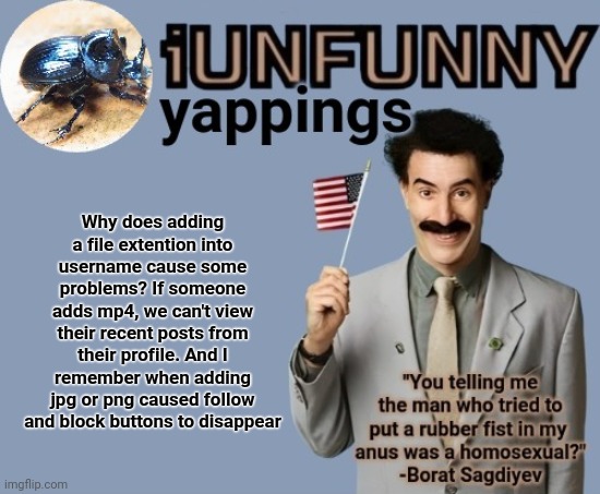 iUnFunny early 2025 template | Why does adding a file extention into username cause some problems? If someone adds mp4, we can't view their recent posts from their profile. And I remember when adding jpg or png caused follow and block buttons to disappear | image tagged in iunfunny early 2025 template | made w/ Imgflip meme maker