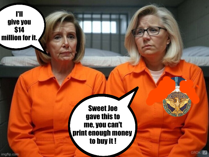 Liz Is Joe's Bottom B*tch | I'll give you $14 million for it. Sweet Joe gave this to me, you can't print enough money 
to buy it ! | image tagged in nancy pelosi and liz cheney jail jumpsuits,political meme,politics,funny memes,funny,fjb | made w/ Imgflip meme maker