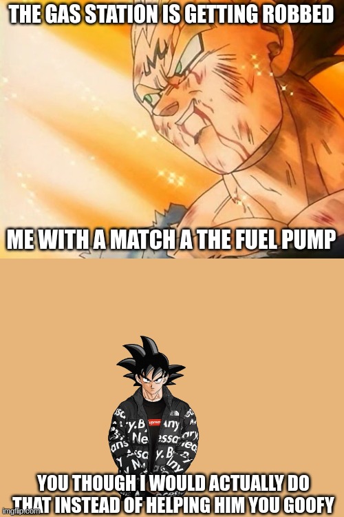 me with a match | THE GAS STATION IS GETTING ROBBED; ME WITH A MATCH A THE FUEL PUMP; YOU THOUGH I WOULD ACTUALLY DO THAT INSTEAD OF HELPING HIM YOU GOOFY | image tagged in vegeta final explosion | made w/ Imgflip meme maker