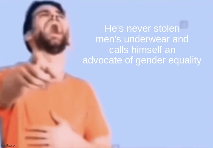 Laughing and pointing | He's never stolen men's underwear and calls himself an advocate of gender equality | image tagged in laughing and pointing | made w/ Imgflip meme maker