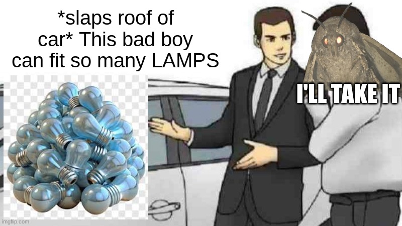 It fit many lamp | *slaps roof of car* This bad boy can fit so many LAMPS; I'LL TAKE IT | image tagged in memes,car salesman slaps roof of car | made w/ Imgflip meme maker