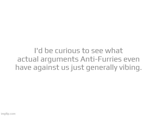 I'd be curious to see what actual arguments Anti-Furries even have against us just generally vibing. | made w/ Imgflip meme maker