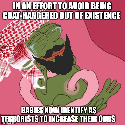 fetus pepe | IN AN EFFORT TO AVOID BEING COAT-HANGERED OUT OF EXISTENCE; BABIES NOW IDENTIFY AS TERRORISTS TO INCREASE THEIR ODDS | image tagged in fetus pepe | made w/ Imgflip meme maker