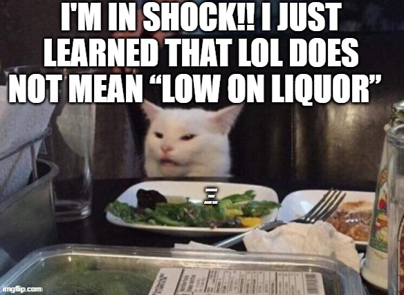 LOL | I'M IN SHOCK!! I JUST LEARNED THAT LOL DOES NOT MEAN “LOW ON LIQUOR” | image tagged in smudge that darn cat | made w/ Imgflip meme maker