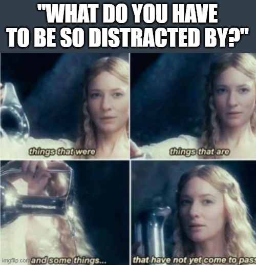 People: "what do you have to be so distracted by?" Me: "everything." | "WHAT DO YOU HAVE TO BE SO DISTRACTED BY?" | image tagged in adhd,distracted | made w/ Imgflip meme maker